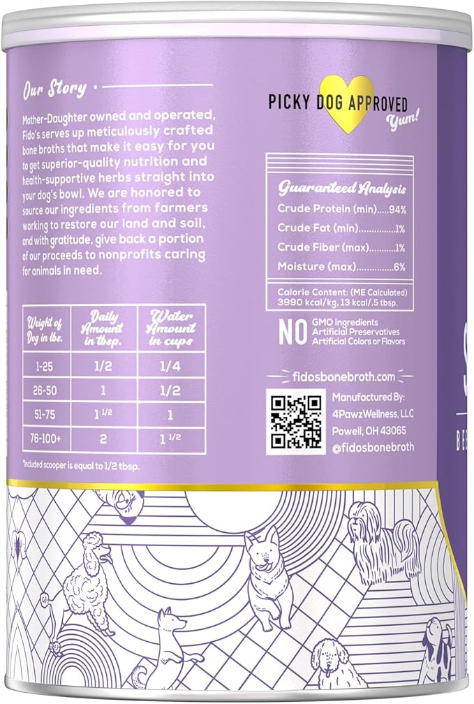 Fido's Simply Bone Broth for Dogs - Grass-Fed Beef Bone Broth Powder for Pets - Supports Joints + Gut Health - Dog Food Topper for Dry Food - 60 Scoops