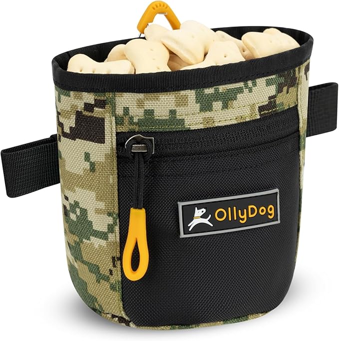 OllyDog Goodie Treat Bag, Dog Treat Pouch, Waist Belt Clip for Hands-Free Training, Magnetic Closure, Dog Training and Behavior Aids, Three Ways to Wear (Woodland Camo)