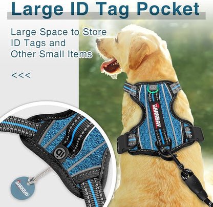 BARKBAY Dog Harness No Pull with ID Tag Pocket - Heavy Duty, Reflective, Easy Control for Large Dogs (Blue/Black,XL)