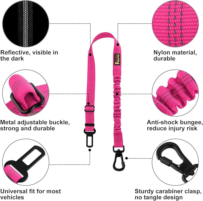 Plutus Pet Dog Seat Belt for Car, Adjustable Dog Car Harness with Carabiner Clip, Reflective Safety Dog Seatbelt Leash with Elastic Bungee, Hot Pink