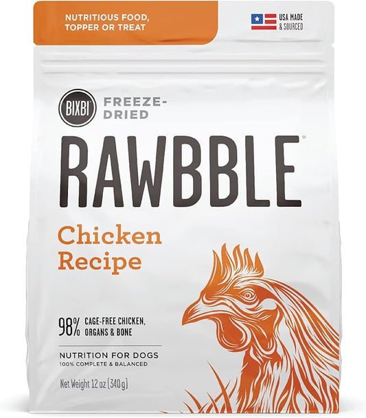 BIXBI Rawbble Freeze Dried Dog Food, Chicken Recipe, 12 oz - 98% Meat and Organs, No Fillers - Pantry-Friendly Raw Dog Food for Meal, Treat or Food Topper - USA Made in Small Batches