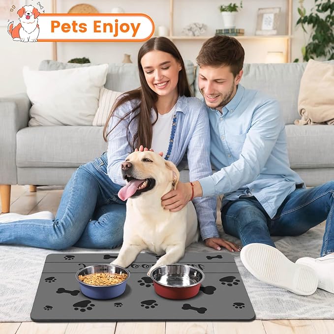 Pet Feeding Mat-Absorbent Pet Placemat for Food and Water Bowl, with Waterproof Rubber Backing, Quick Dry Water Dispenser Mat for Dog and Cat (17"x27", Striped Dark Gray)