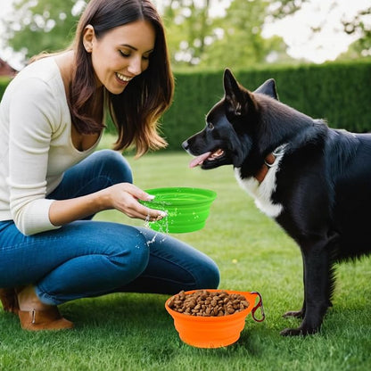 Dog Bowl Travel Collapsible Bowls 2 Pack, Portable Foldable Cats Dogs Water Dish Puppy Bowl (Orange 172 + Fluorescent Green)