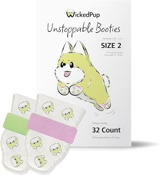 WICKEDPUP Unstoppable Dog Booties, 32 Count, Size 2 | Disposable Dog Boots & Paw Protectors | Breathable Puppy Shoes to Prevent Licking Paws (Size 2: Paw Width 1.25~1.5 inches)