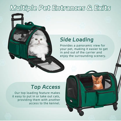 Cat Carrier with Wheels, Foldable Airline Approved Dog Cat Carrier with Wheels for Cat Dog Under 20 lbs, Rolling Cat Carrier Travel Bag with Telescopic Handle for Walking Travel Vet Visits