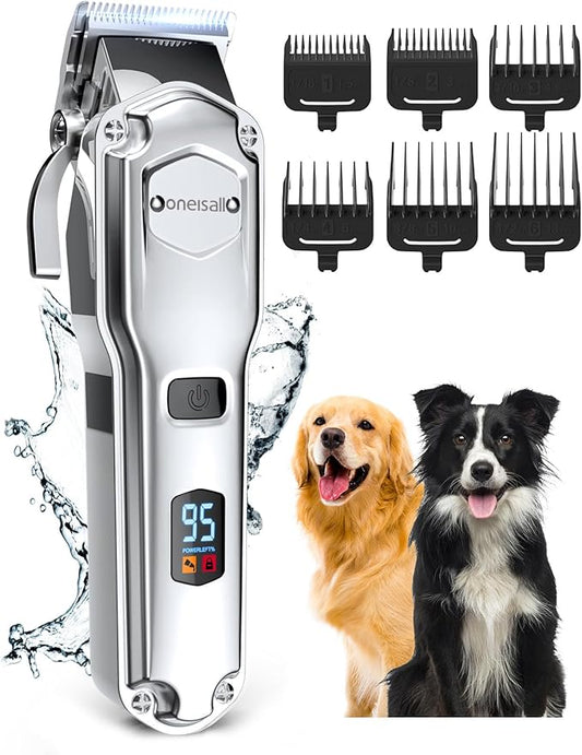 oneisall Dog Clippers for Grooming for Thick Heavy Coats/Low Noise Rechargeable Cordless Pet Shaver with Stainless Steel Blade/Waterproof Dog Shaver for Dogs Pets and Animals (Sliver)