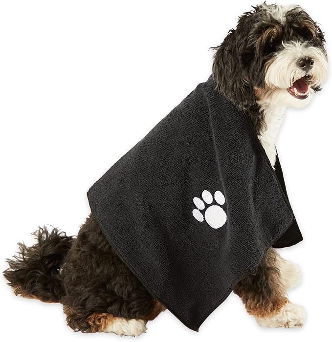 Bone Dry Pet Grooming Towel Collection Embroidered Absorbent Microfiber Drying Set 15x30, Black, 3 Count