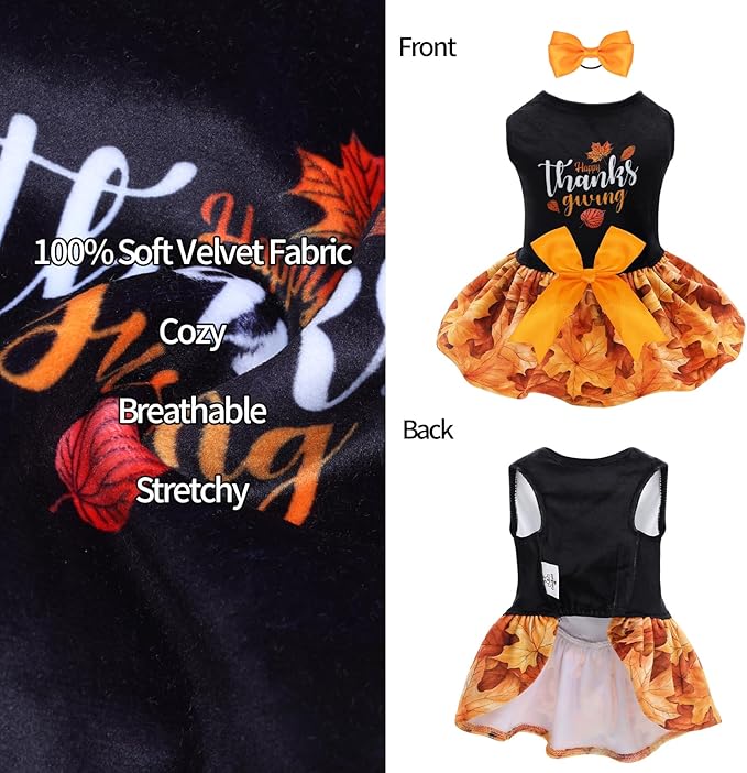 CuteBone Thanksgiving Dog Dresses Velvet Holiday Small Dogs Clothes Onesie Pet Apparel Girl Puppy Skirt with Bow Hair Rope CVA52S-D
