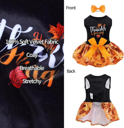 CuteBone Thanksgiving Dog Dresses Velvet Holiday Small Dogs Clothes Onesie Pet Apparel Girl Puppy Skirt with Bow Hair Rope CVA52S-D