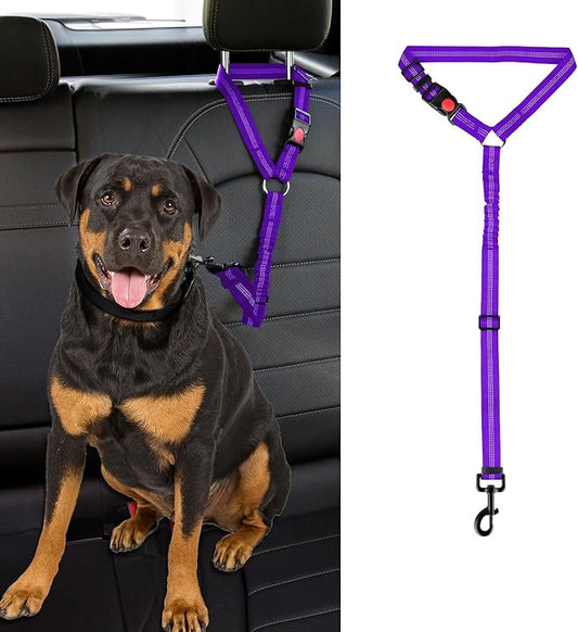 Dog Cat Safety Seat Belt Strap Car Headrest Restraint Adjustable Nylon Fabric Dog Restraints Vehicle Seatbelts Harness (Purple Elastic Bungee)