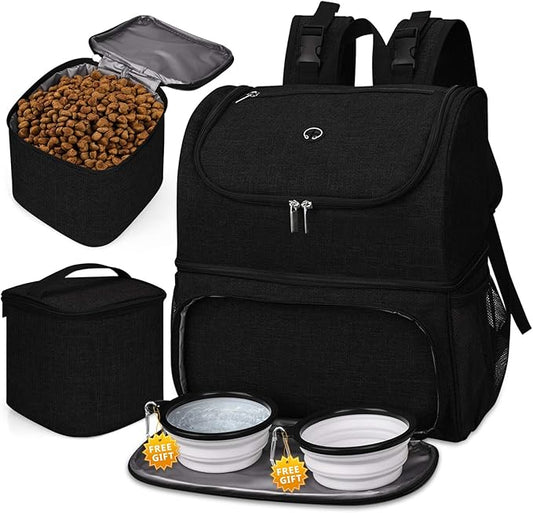 BAGLHER Pet Travel Bag, Double-Layer Pet Supplies Backpack (for All Pet Travel Supplies), Pet Travel Backpack with 2 Silicone Collapsible Bowls and 2 Food Baskets Black