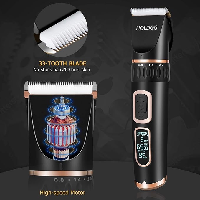 Dog Clippers Professional Heavy Duty Grooming Clipper 3-Speed Low Noise High Power Rechargeable Cordless Pet Tools for Small & Large Dogs Cats Pets with Thick Coats