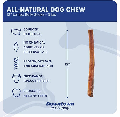 Downtown Pet Supply USA Sourced 12", 3 Lb. Jumbo Bully Sticks for Large Dogs - Rawhide Free Dog Chews Long Lasting and Non-Splintering - Single Ingredient, Low Odor Bully Sticks for Medium Dogs