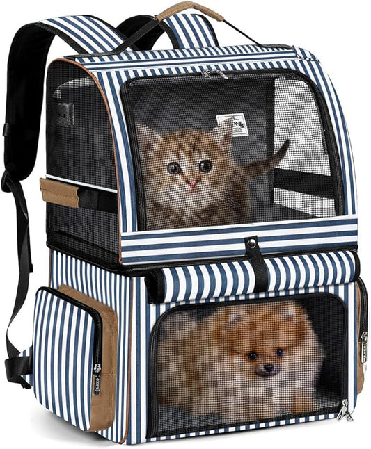 Lekebobor Cat Backpack Carrier for 2 Cats, Double-Compartment Pet Carrier Backpack for Two Small Cats or One Medium Dogs, Cats Carrier Backpack Dog Carrier Backpack Fits Up to 24 Lbs,Blue Striped