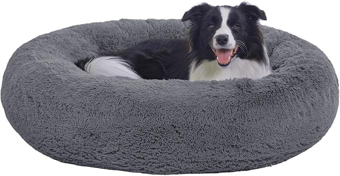 36" Calming Dog Bed with Removable Cover,Anti Anxiety Donut Dog Bed,Plush Round Pet Beds for Large Dogs,Fluffy Faux Fur Dog Bed,Washable Cuddler Dog Bed(Dark Grey,Large)