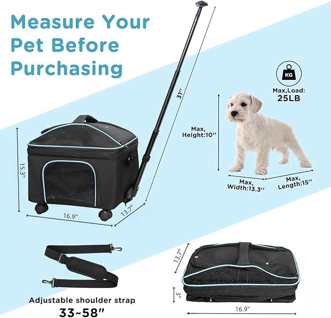 Airline Approved Cat Dog Carrier w Silent Wheel, Pet Carriers for Small Dogs Cats, Soft Travel Carrier Bag w Handle and Shoulder,Ideal for Outdoor (Black)