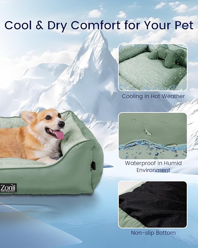 ZonLi Cooling Dog Bed, Dog Bed for Large Dogs, Dog Cooling Bed with Bolsters Waterproof, for Dogs Up to 40 lbs, Pet Bed with Washable Cover, Non-Slip Bottom, Without Gel, Mint Green