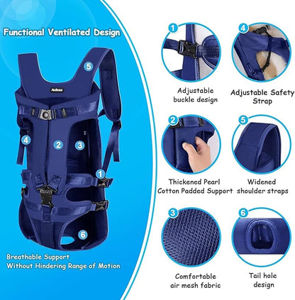 PetBonus Pet Front Dog Carrier Backpacks, Adjustable Dog Backpack Carrier, Legs Out Easy-fit Dog Chest Carrier for Medium Small Dogs, Hands Free Dog Front Carrier for Hiking, Cycling (Navy Blue, XL)