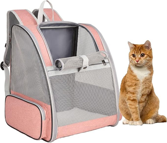 Travel Fat Cat Backpack Carrier, Full Ventilation Pet Carrier Backpack for Cats and Puppy, Airline Approved Cat Carrying Backpack for Travel and Hiking (Pink)