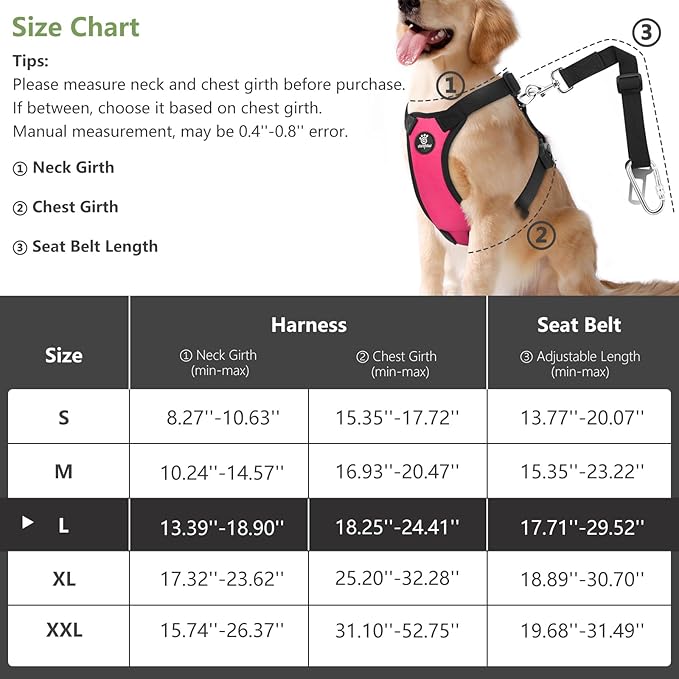 Dog Vehicle Safety Vest Harness, Adjustable Soft Padded Mesh Car Seat Belt Leash Harness with Travel Strap and Carabiner for Most Cars, Large Size, Magenta