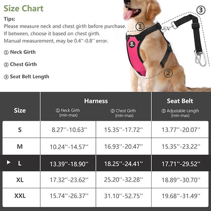 Dog Vehicle Safety Vest Harness, Adjustable Soft Padded Mesh Car Seat Belt Leash Harness with Travel Strap and Carabiner for Most Cars, Large Size, Magenta