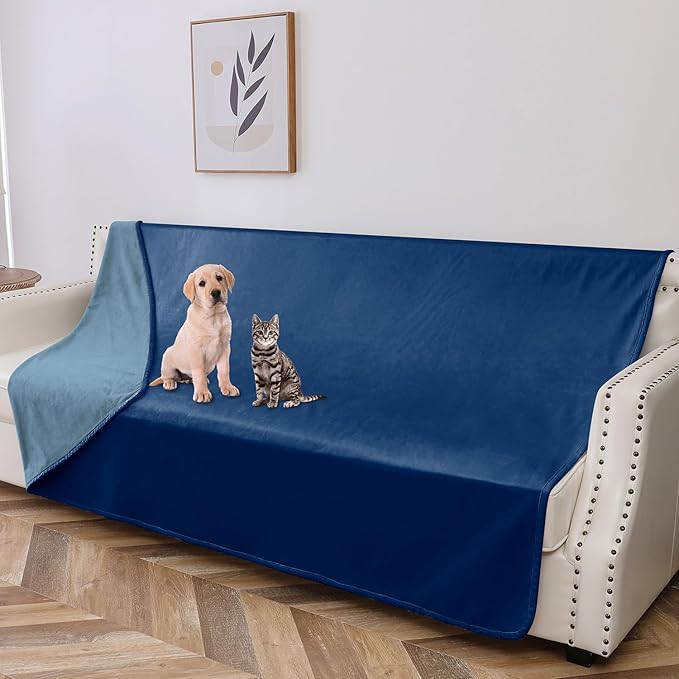 100% Waterproof Dog Blanket, 82x120 inches Soft Leak Proof Pet Couch Throw for Sofa, Bed Furniture Protector Covers from Dogs Puppys Cats Washable-Navy Blue+Stone Blue