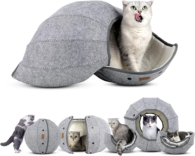 AMJ K·1 Cute Shell Cat Bed House Indoor, Cat Toys Ball Interactive - Soft Cat Cave & Foldable Pet Tunnel Tube Condos, as a Multi-Function Fun Toy Bed for Puppy Dogs & Cats (White)