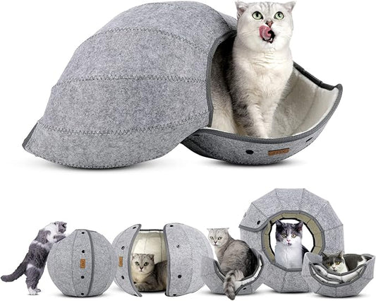 AMJ K·1 Cute Shell Cat Bed House Indoor, Cat Toys Ball Interactive - Soft Cat Cave & Foldable Pet Tunnel Tube Condos, as a Multi-Function Fun Toy Bed for Puppy Dogs & Cats (Off-White)