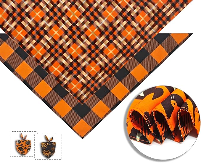 2PCS Fall Dog Bandanas,Thanksgiving Dog Scarf,Triangle Reversible Pet Outfit for Boys and Girls' Dogs,Pumpkin and Spider Web Bibs,Orange Plaid Halloween Dog Bandana for Medium to Large Dogs