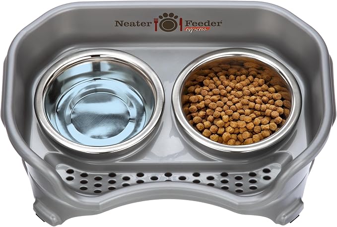 Neater Feeder - Express Model - Mess-Proof Dog Bowls (Small, Gunmetal Grey) – Made in USA – Elevated, No Spill, Non-Tip, Non-Slip, Raised Stainless Steel Food & Water Pet Bowls