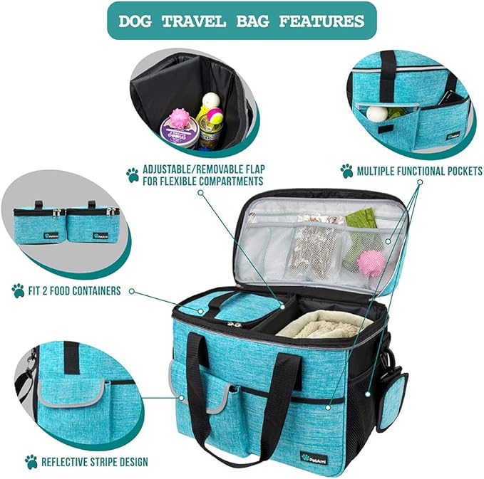 PetAmi Dog Travel Bag, Travel Pet Bag Organizer, Dog Food Travel Bag with Food Container and Bowls, Dog Travel Supplies Gift Accessories for Weekend Camping, Dog Cat Diaper Bag (Sea Blue, Medium)