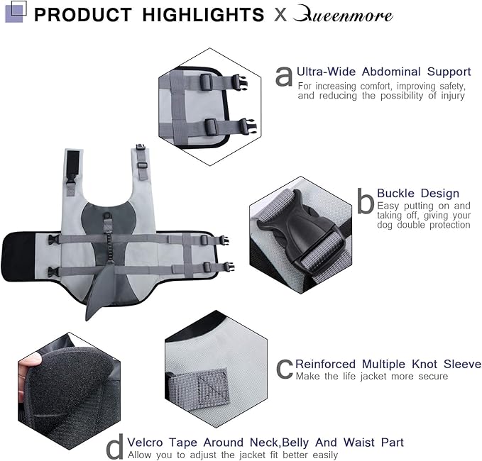 Queenmore Dog Life Jacket Ripstop Dog Safety Vest Adjustable Preserver with High Buoyancy and Durable Rescue Handle for Small