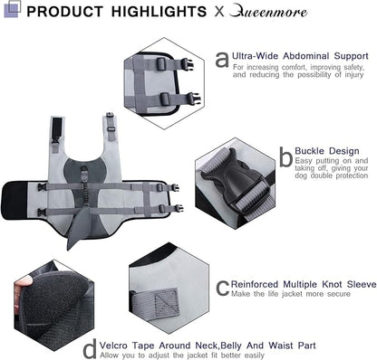 Queenmore Dog Life Jacket Ripstop Dog Safety Vest Adjustable Preserver with High Buoyancy and Durable Rescue Handle for Small