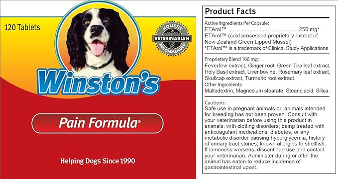 Winston's Pain Formula - for Dogs of All Ages and Sizes - 100% Natural Whole Food Supplement to Help Alleviate: Canine Arthritis, Inflammation and Joint + Hip Pain - 120 Chewable Tablets