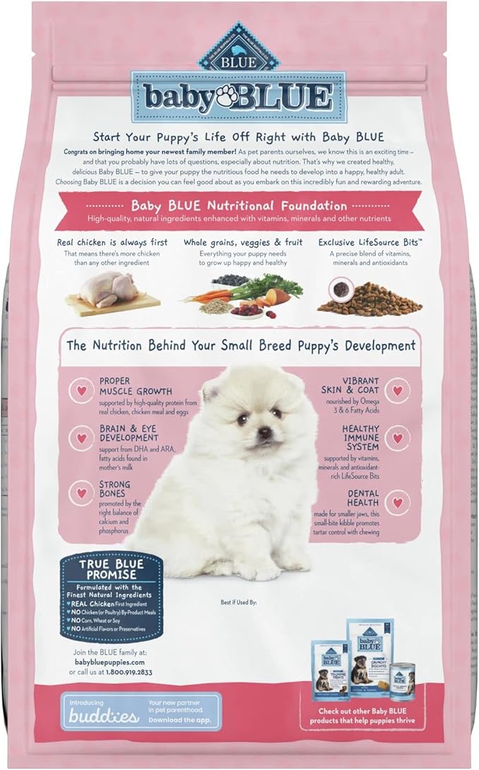 Blue Buffalo Baby BLUE Natural Small Breed Puppy Dry Dog Food, Healthy Growth Formula with DHA, Chicken and Oatmeal Recipe, 4-lb. Bag (Pack of 2)