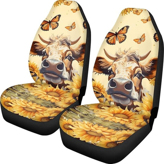 UNICEU Cow Sunflower Butterfly Car Front Seat Covers 2 Universal