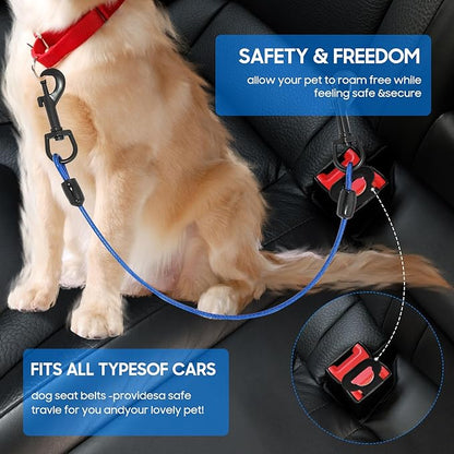 Dog Car Harnesses, Dog Seatbelt of Coated Wire Leash Safety Restraint, No Chew Tether Cable Vehicle Dog Accessories, Double Clips & Latch Attachment (Blue, 24 inch/60 cm)