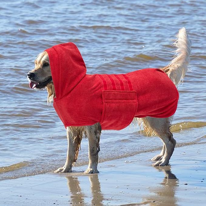 Geyecete Dog Drying Coats with Hood-Dog Towels Absorbent Robe Dry Fast Dog Bag-Dog Bathrobe Towel-Microfibre Fast Drying Super Absorbent-Red-L