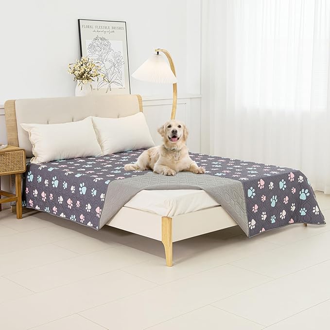 Dog Bed Cover for Pets Blankets Rug Pads for Couch Protection Waterproof Bed Covers Dog Blanket Furniture Protector Reusable Changing Pad (Dark Grey+Colorful Paw, 82"x82")