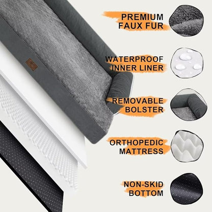 Large Dog Bed Orthopedic Washable: Dark Grey Dog Bed with Waterproof Cover and Removable Bolster