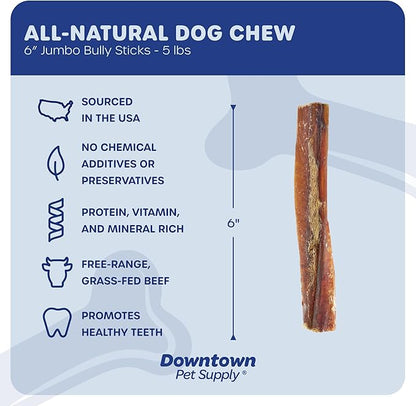 Downtown Pet Supply USA Sourced 6", 5 Lb. Jumbo Bully Sticks for Large Dogs - Rawhide Free Dog Chews Long Lasting and Non-Splintering - Single Ingredient, Low Odor Bully Sticks for Medium Dogs