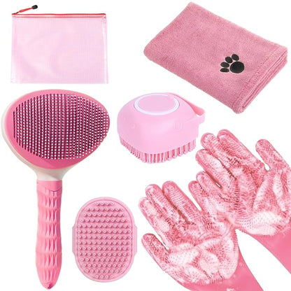 Bath Grooming Kit for Pets - Hair Brush Set with Towel, Washing Gloves, and Shampoo Scrubber Brush for Dogs and Cats (Pink)