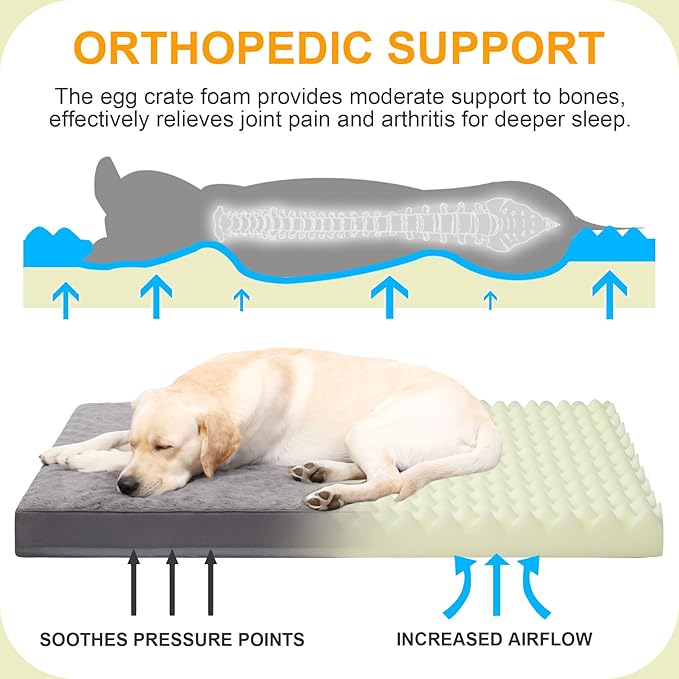 KSIIA Orthopedic Dog Bed Dog Crate Bed Waterproof Dog beds for Extra Large Dogs Deluxe Plush Washable Dog Bed with Egg Crate Foam & Removable Cover 47 x 29 Inch,