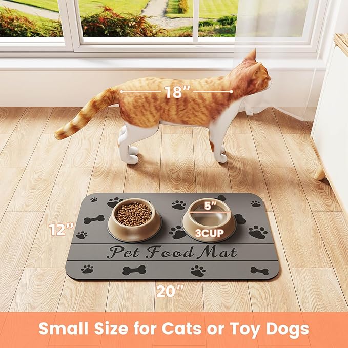 Pet Feeding Mat-Absorbent Pet Placemat for Food and Water Bowl (12"x20", Dark
