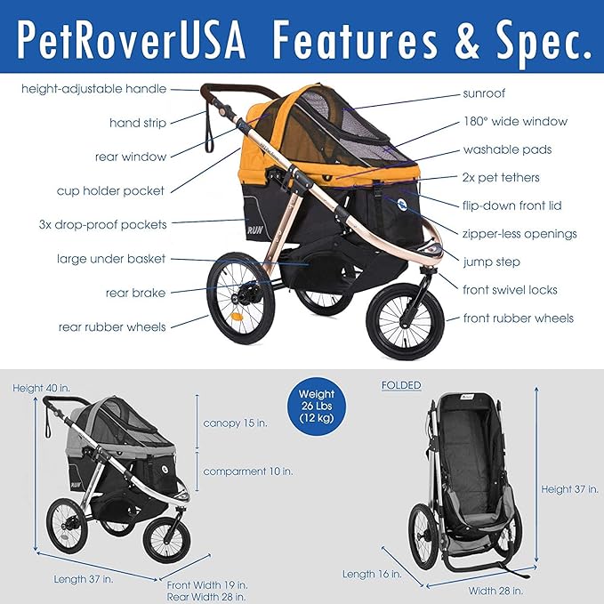 HPZ Pet Rover Run Performance Jogging Sports Stroller with Comfort Rubber Wheels/Zipper-Less Entry/1-Hand Quick Fold/Aluminum Frame for Small/Medium Dogs