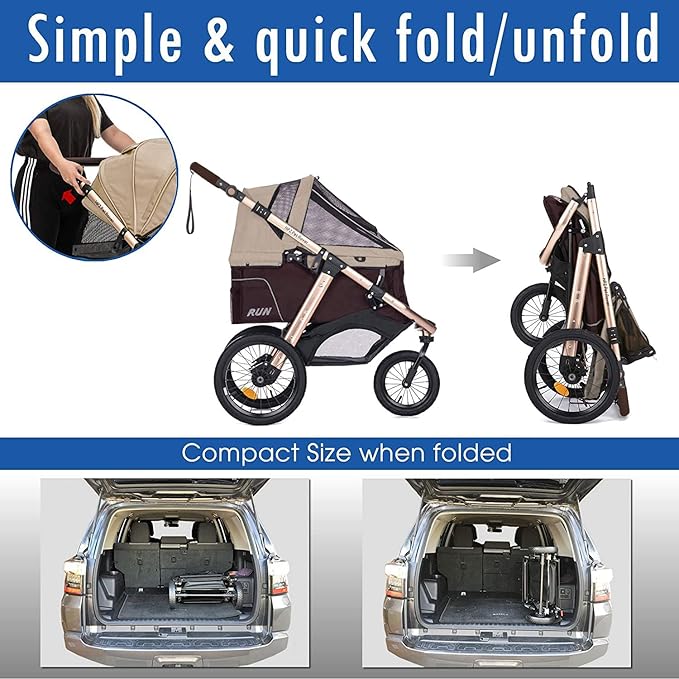 HPZ Pet Rover Run Performance Jogging Sports Stroller with Comfort Rubber Wheels/Zipper-Less Entry/1-Hand Quick Fold/Aluminum Frame for Small/Medium Dogs