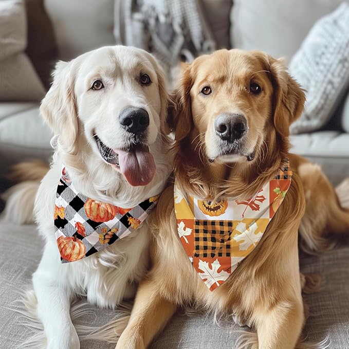 Fall Dog Bandana 2 Pack Halloween Dog Bandanas Thanksgiving Pumpkin Pet Scarf Reversible Fall Triangle Bibs Soft Cotton Boy Girl Dog Bandanas for Small, Medium, Large Dogs (Large)