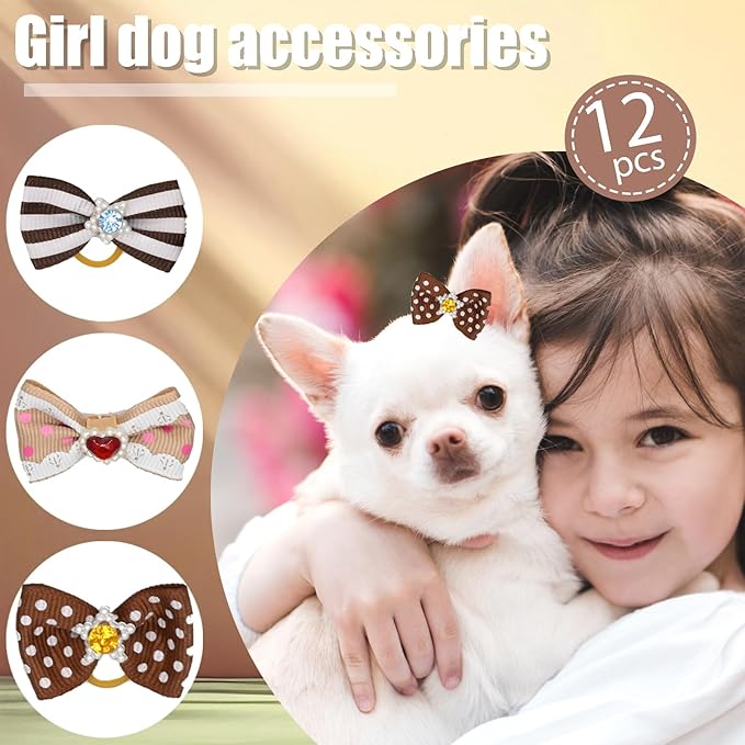 12 Pcs Small Dog Hair Bows with Rubber Bands Bowknot Dog Hair Accessories for Puppy Kitten (Brown)