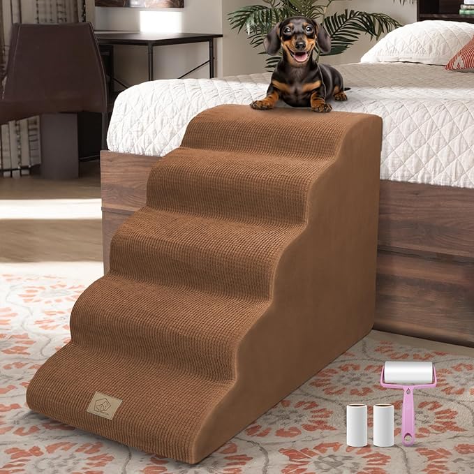 23-Inch Large Dog Stairs to High Beds, 5-Step Gentle Slope Dog Stairs for Couch Beds, Holds up to 70 lbs,Non-Slip Bottom Pet Ramp - Machine Washable,Gift 1 Lint Roller Set