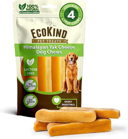 EcoKind Premium Gold Yak Cheese Himalayan Dog Chews, Dog Treats Large Breed, All Natural, High Protein, for Aggressive Chewers, Large - 4 Chews (1 lb)